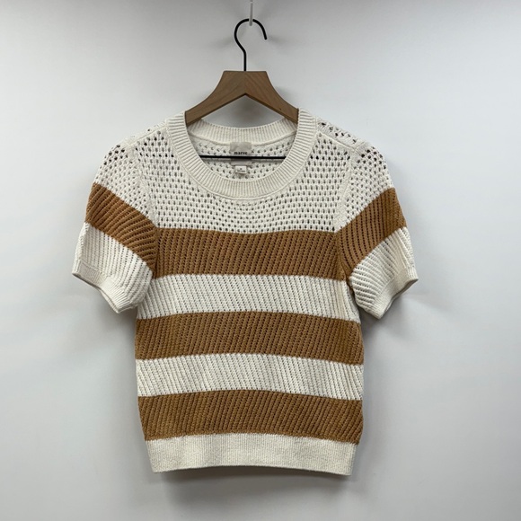 Anthropologie Maeve Open Stitch Striped Crewneck Pullover Sweater White Medium - Picture 2 of 7